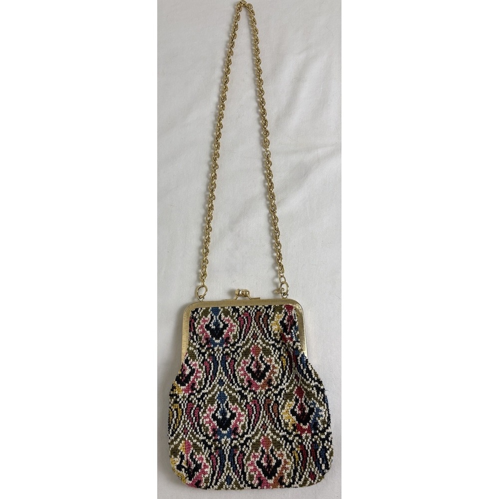 Vintage Embroidered Needlepoint Style Shoulder Bag Floral Kiss Lock Japan